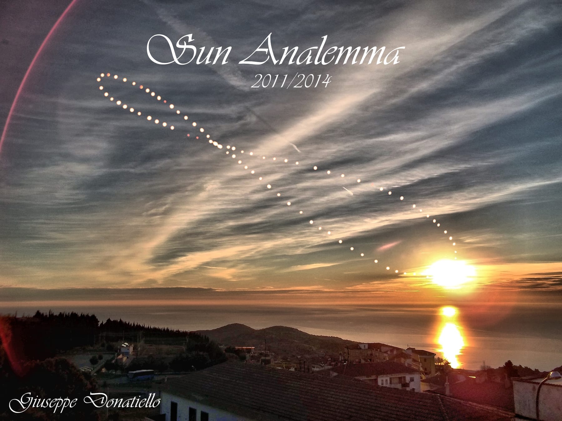 A composite photograph showing the sun's position in the sky at the same time every day across a year, forming a slender figure-eight.