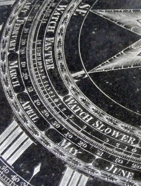 A brass horizontal sundial from 1812 by Whitehurst & Son of Derby, with a circular scale around the edge of the dial face giving the Equation of Time correction by date.