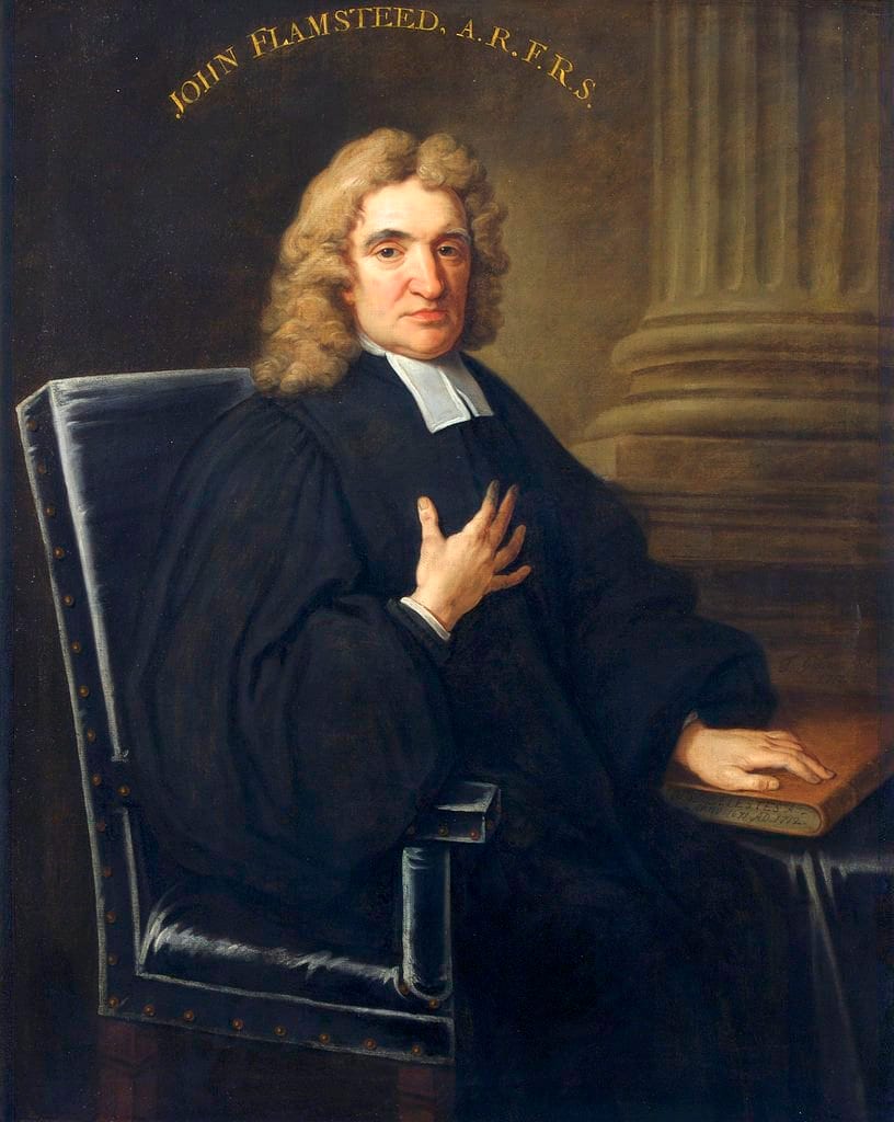 An oil portrait of John Flamsteed, seated at a desk in dark robes, holding a manuscript of his stellar observations.