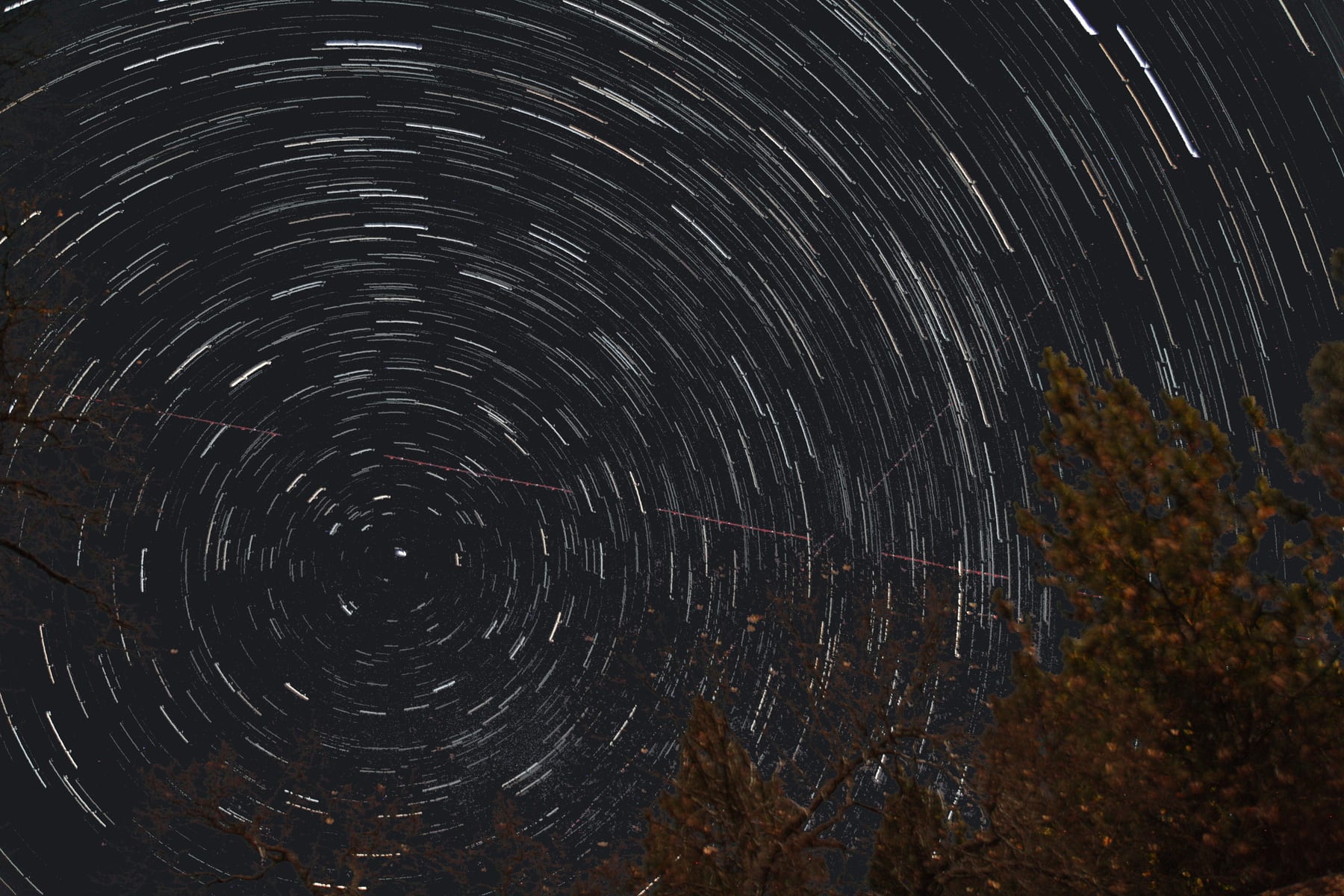 A long-exposure photograph of the northern night sky, showing concentric circular arcs of star trails centred on the celestial pole near Polaris.